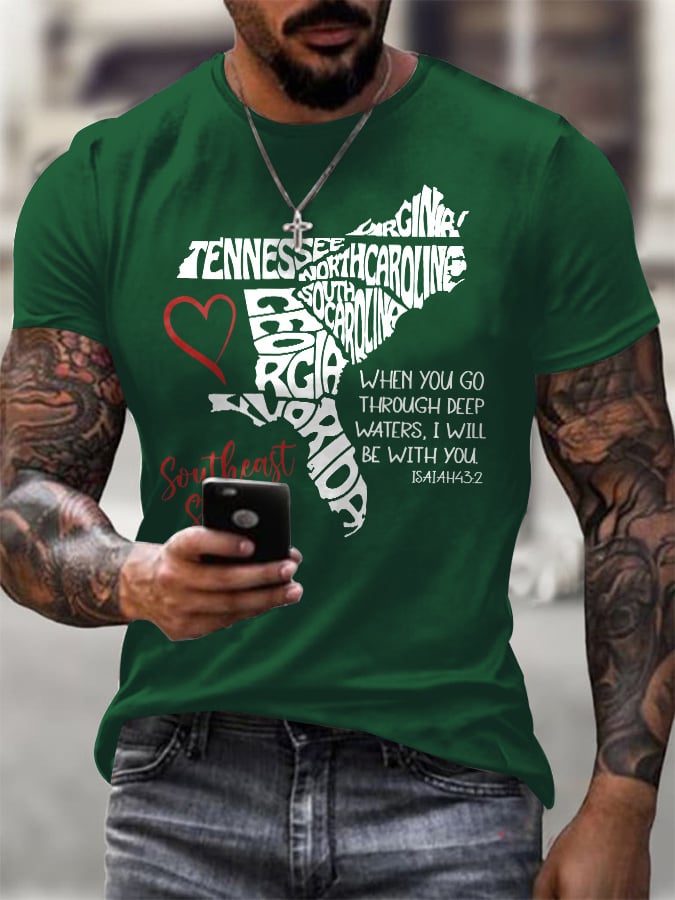 Men's Retro Southeast Strong When You Go Through Deep Waters. I Will Be With You Isaiah 43:2 Tennessee Georgia. South Carolina. North Carolina. . Virginia. Florida Print T-Shirt