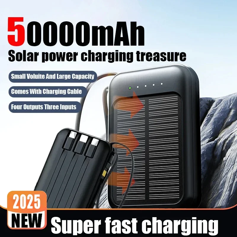 50000mAh Solar Power Bank Built Cables Fast Charger 2 USB Ports External Charger Power Bank  LED Light For Iphone Xiaomi Samsung