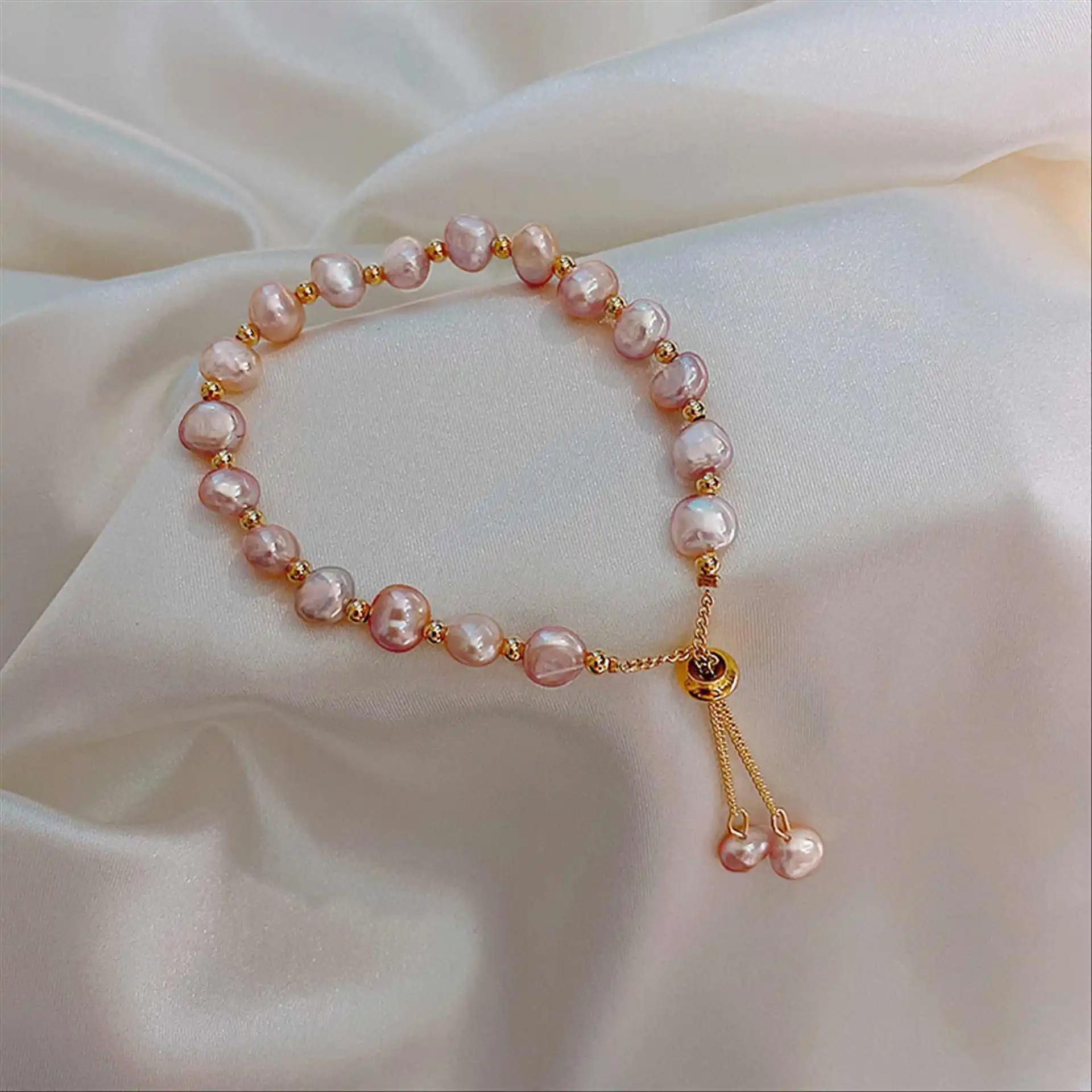 Natural Beads Drawstring Baroque Pearl Bracelet Gold PVD Plated Stainless Steel Charm Freshwater Pearl Bracelets Women ZS1