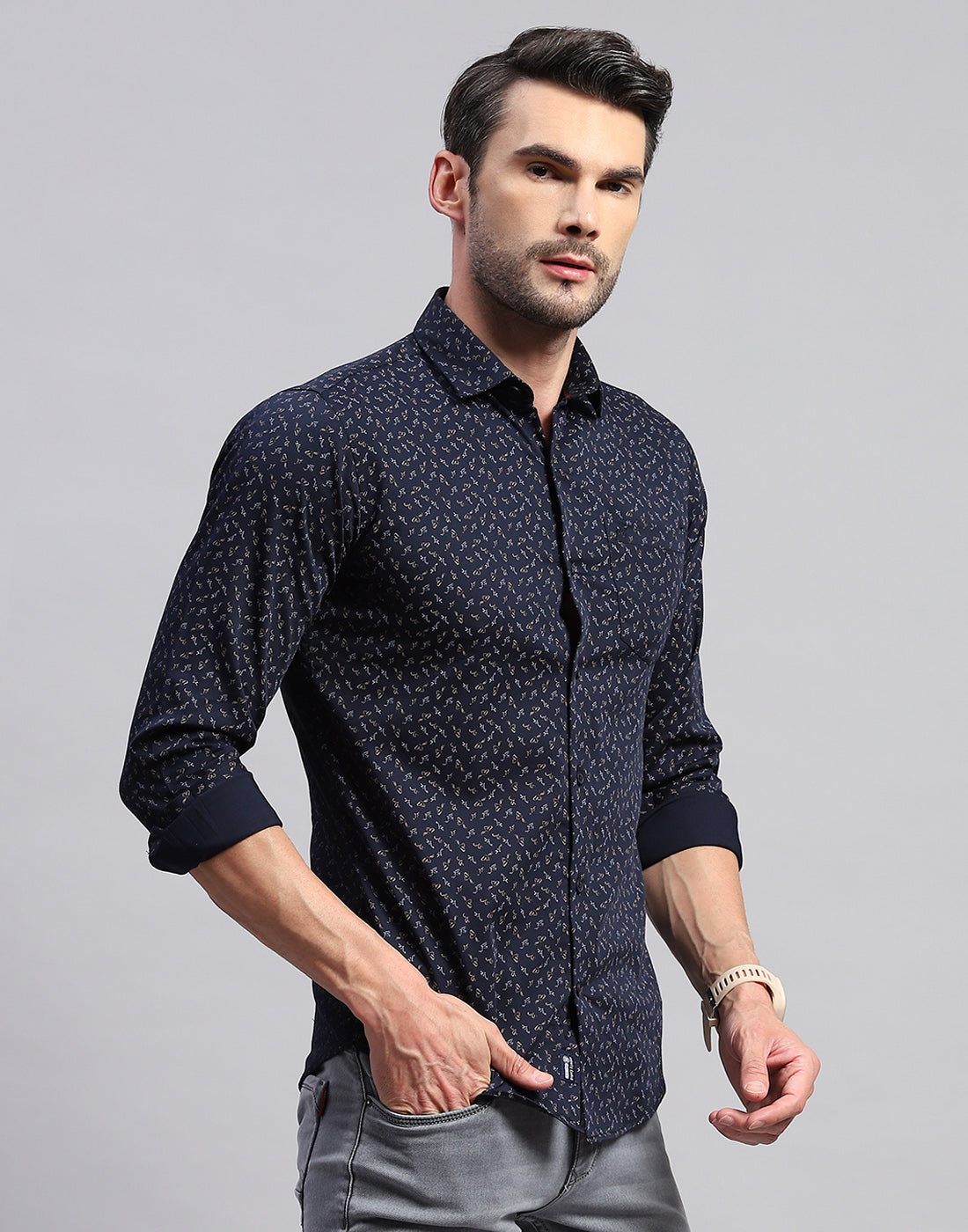 Men Navy Blue Printed Collar Neck Full Sleeve Shirt