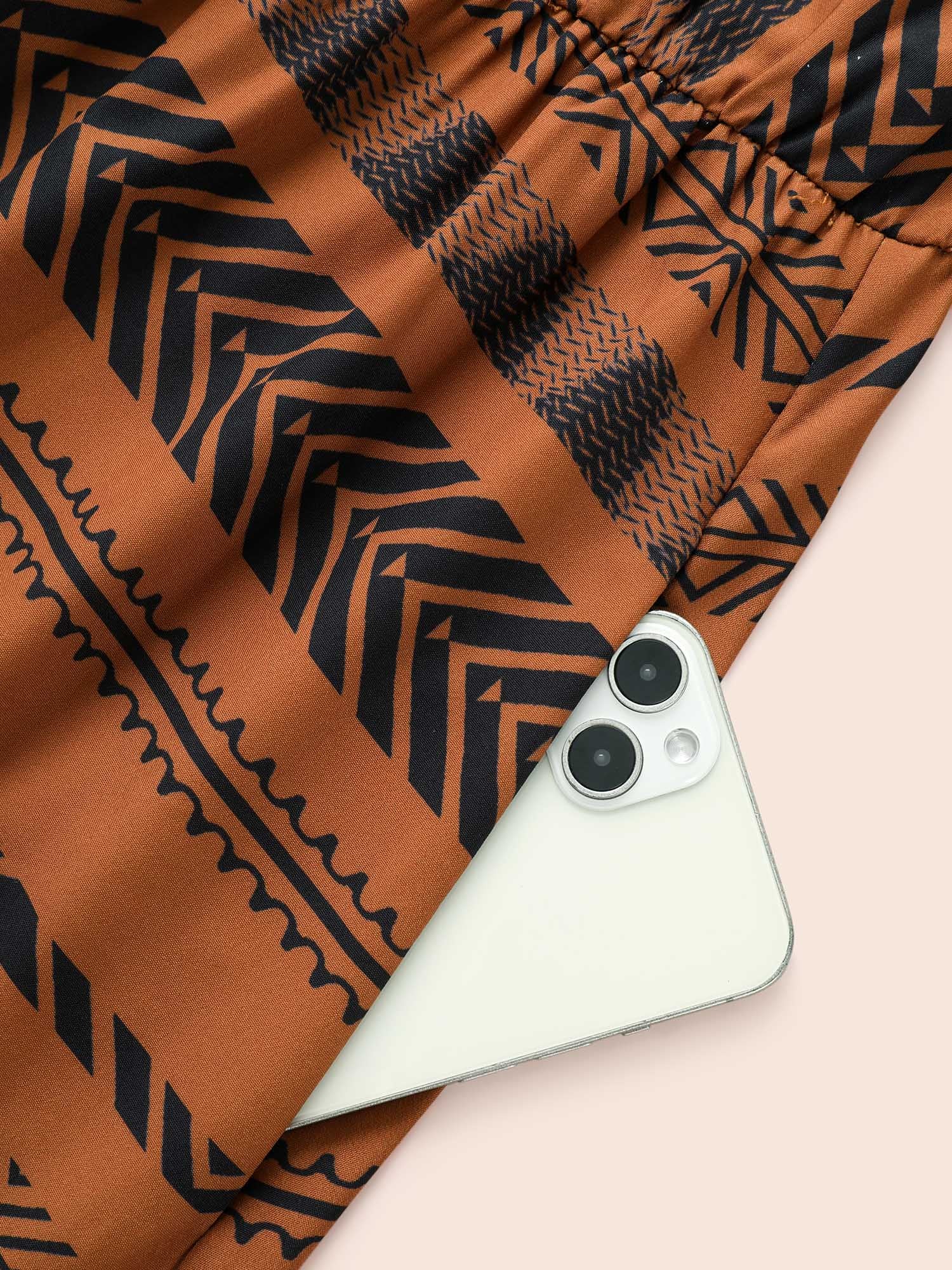 Notched Bandana Geometric Ruffle Sleeve Dress