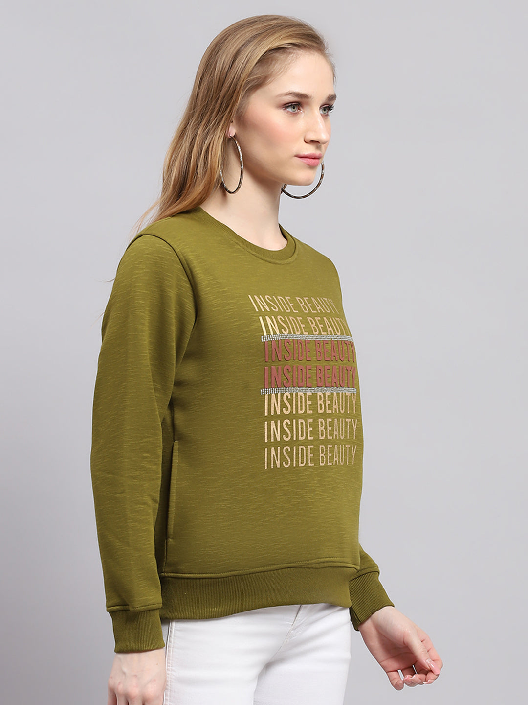 Women Green Printed Round Neck Full Sleeve Sweatshirt