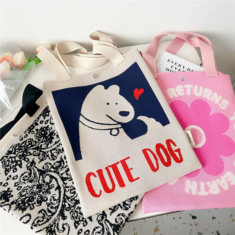 Women's Medium Knit Cartoon Flower Cute Square Lock Clasp Underarm Bag