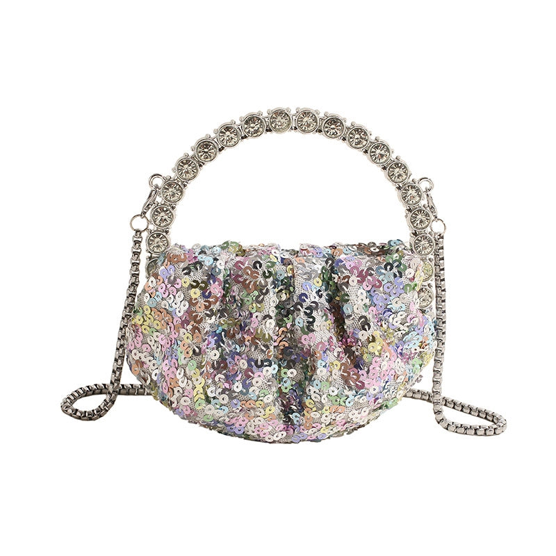 Pink Silver Black Pu Leather Solid Color Sequins Shell Evening Bags