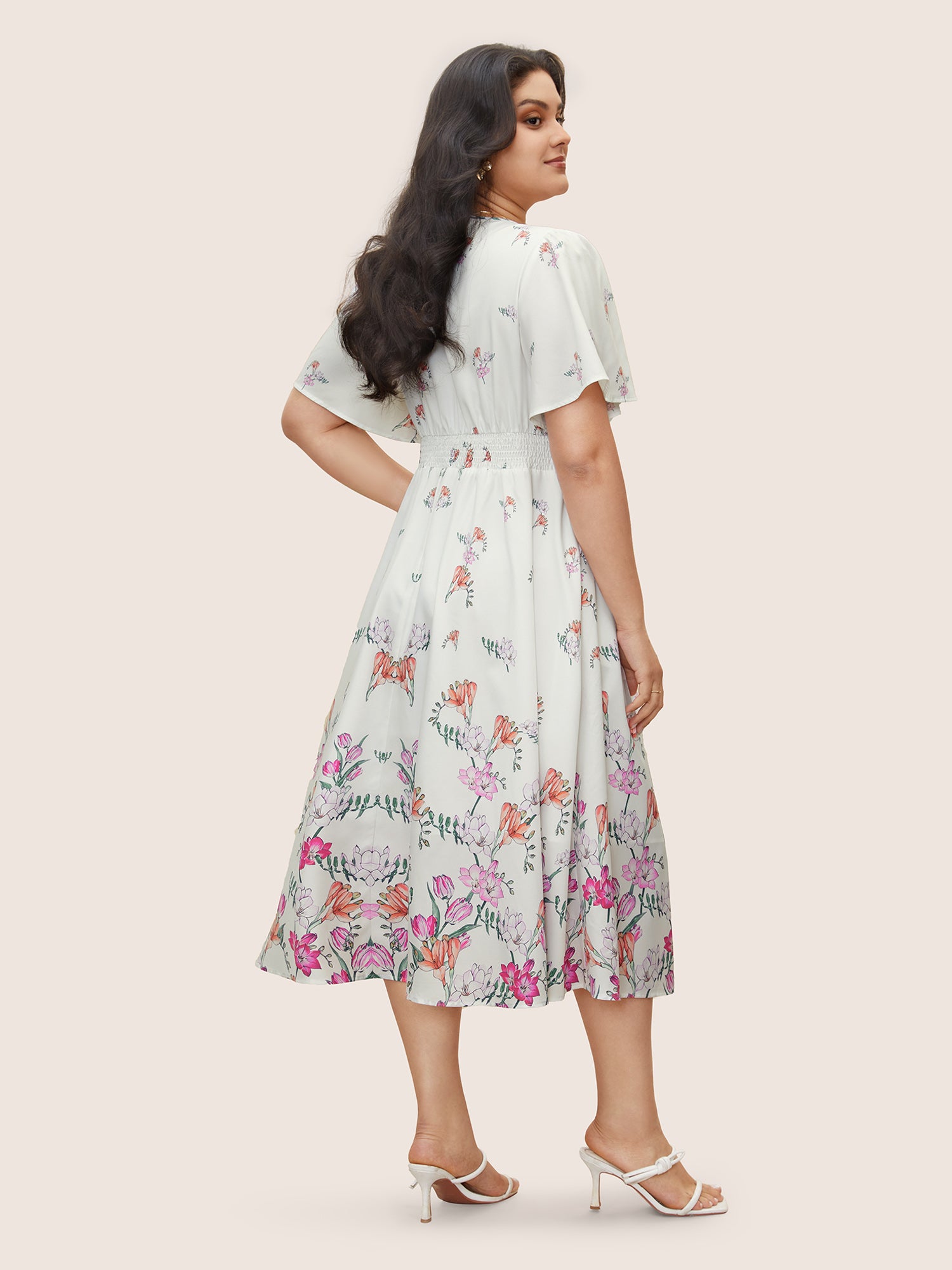 Floral Print Shirred Pocket Ruffle Sleeve Dress