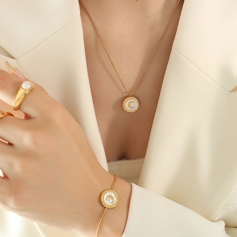 Retro Round Moon Titanium Steel Inlay Shell Bracelets Earrings Necklace