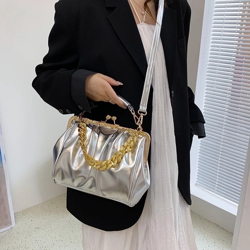 Women's Pu Leather Solid Color Basic Vintage Style Sewing Thread Square Clasp Frame Shoulder Bag Handbag Crossbody Bag