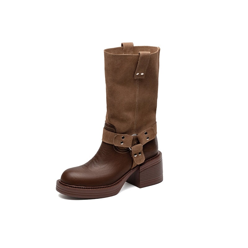 Women's Leather Western Boots Block Heel Mid Calf Boots for Autumn/Winter