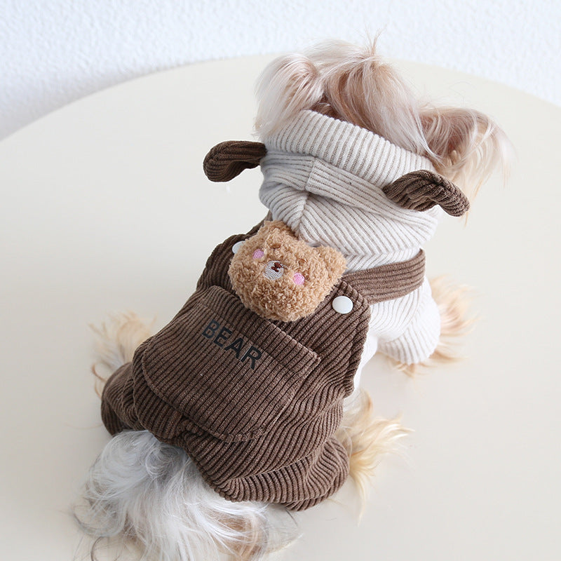 Corduroy Bear Decor Hooded Dog Jumpsuits