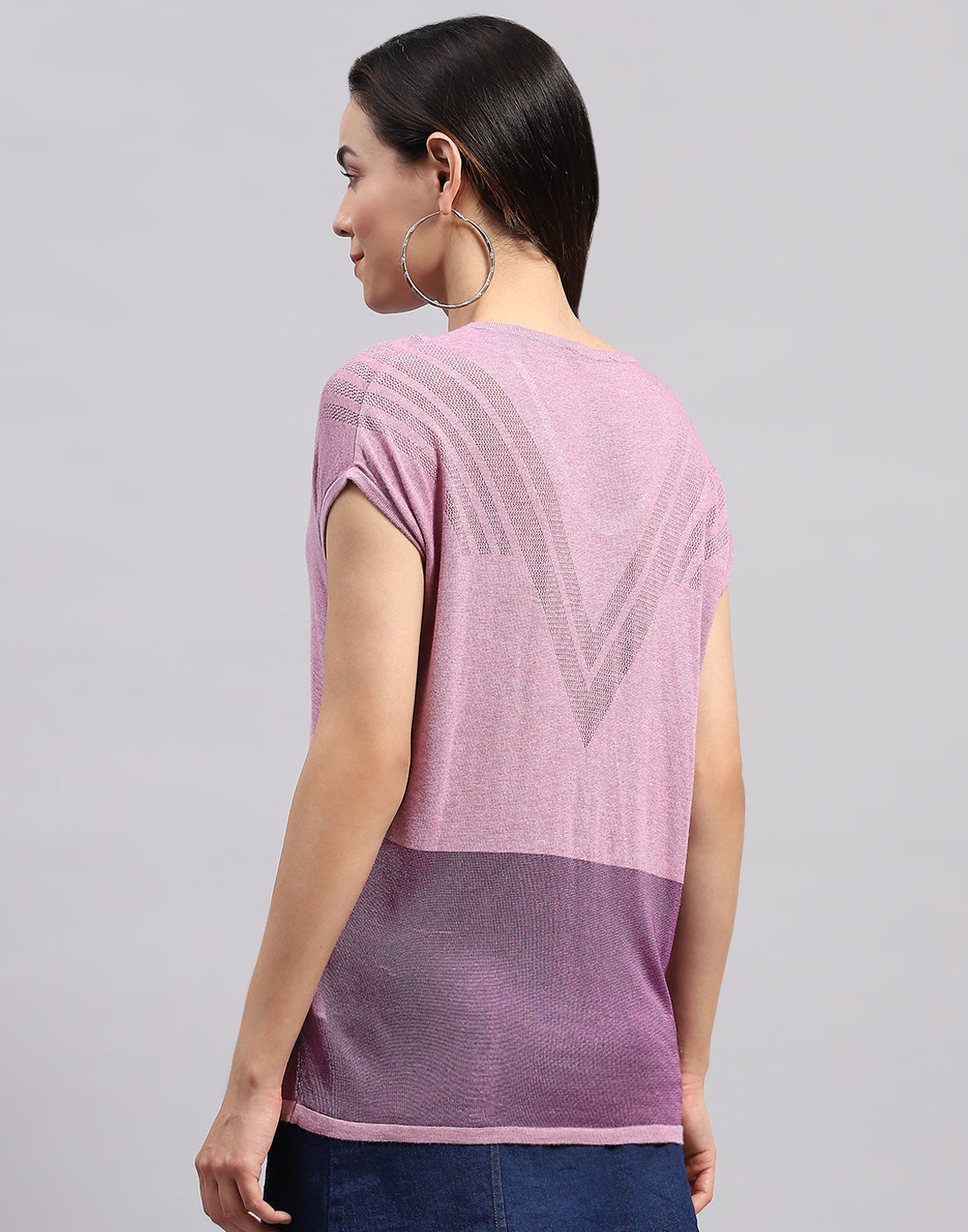 Women Purple Self Design Round Neck Half Sleeve Top