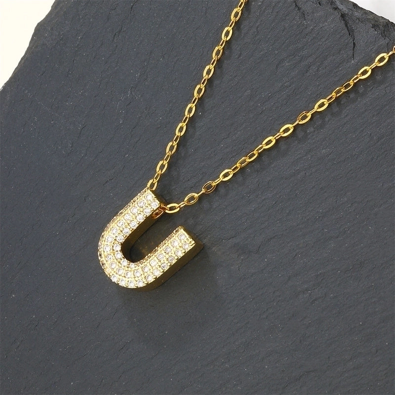 Copper 18K Gold Plated Casual Minimalist Inlay Letter Zircon Pendant Necklace