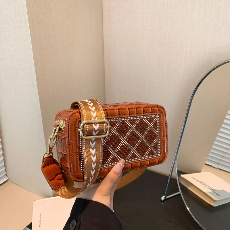 Women's Small Pu Leather Argyle Elegant Square Zipper Crossbody Bag