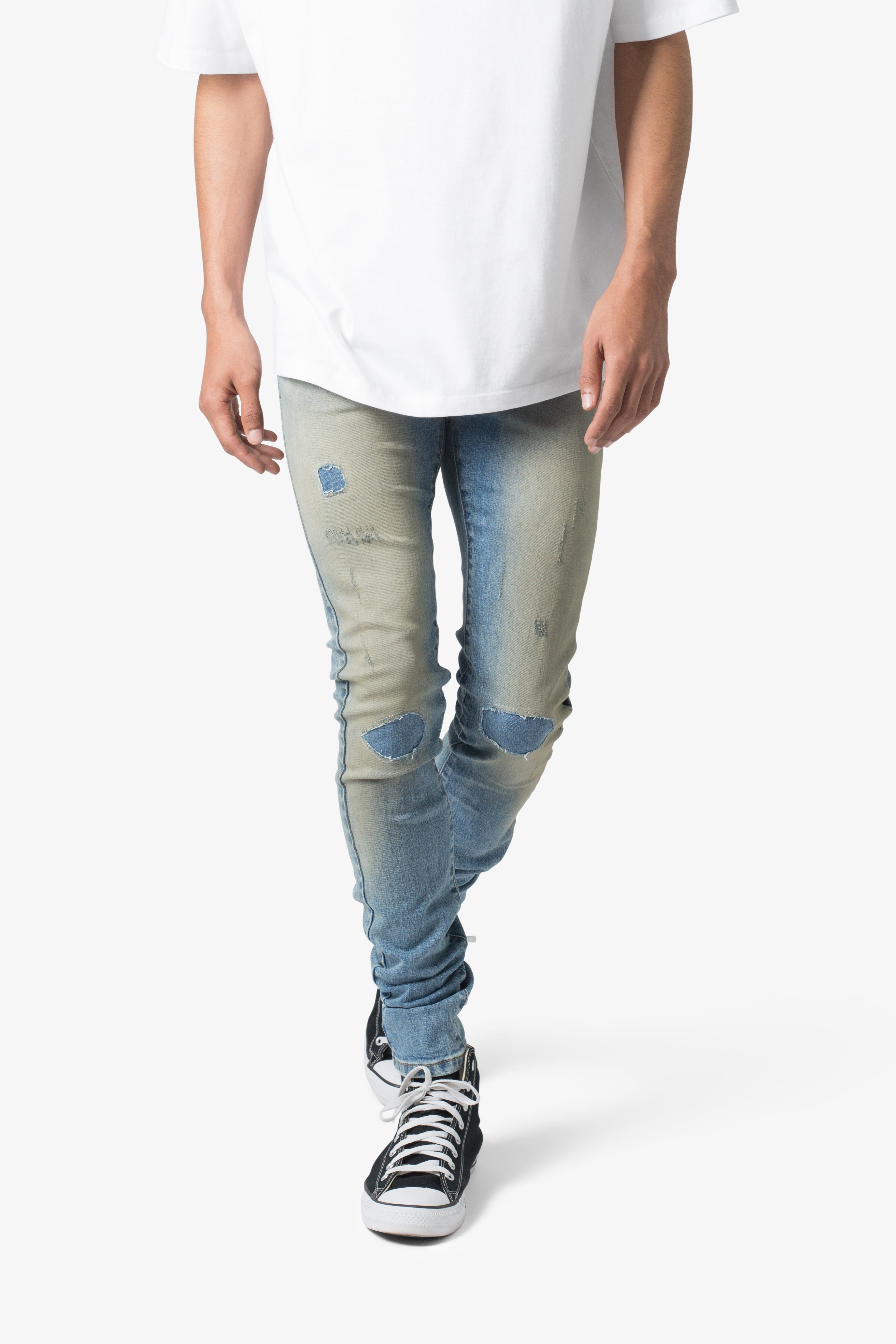 X651 Distressed Circle Knee Denim - Blue