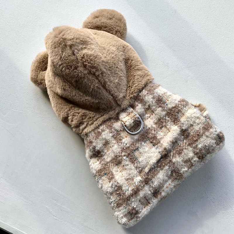 Chequered Pattern Ear Dog Hooded Coat
