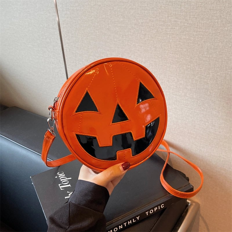 Halloween Women's Small Pu Leather Pumpkin Streetwear Round Zipper Circle Bag