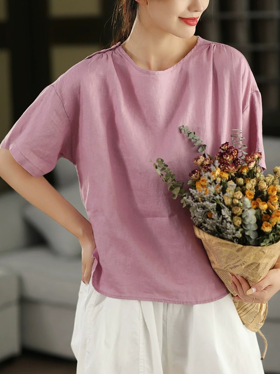 Women Summer Artsy Pure Color O-Neck 100%Linen Shirt