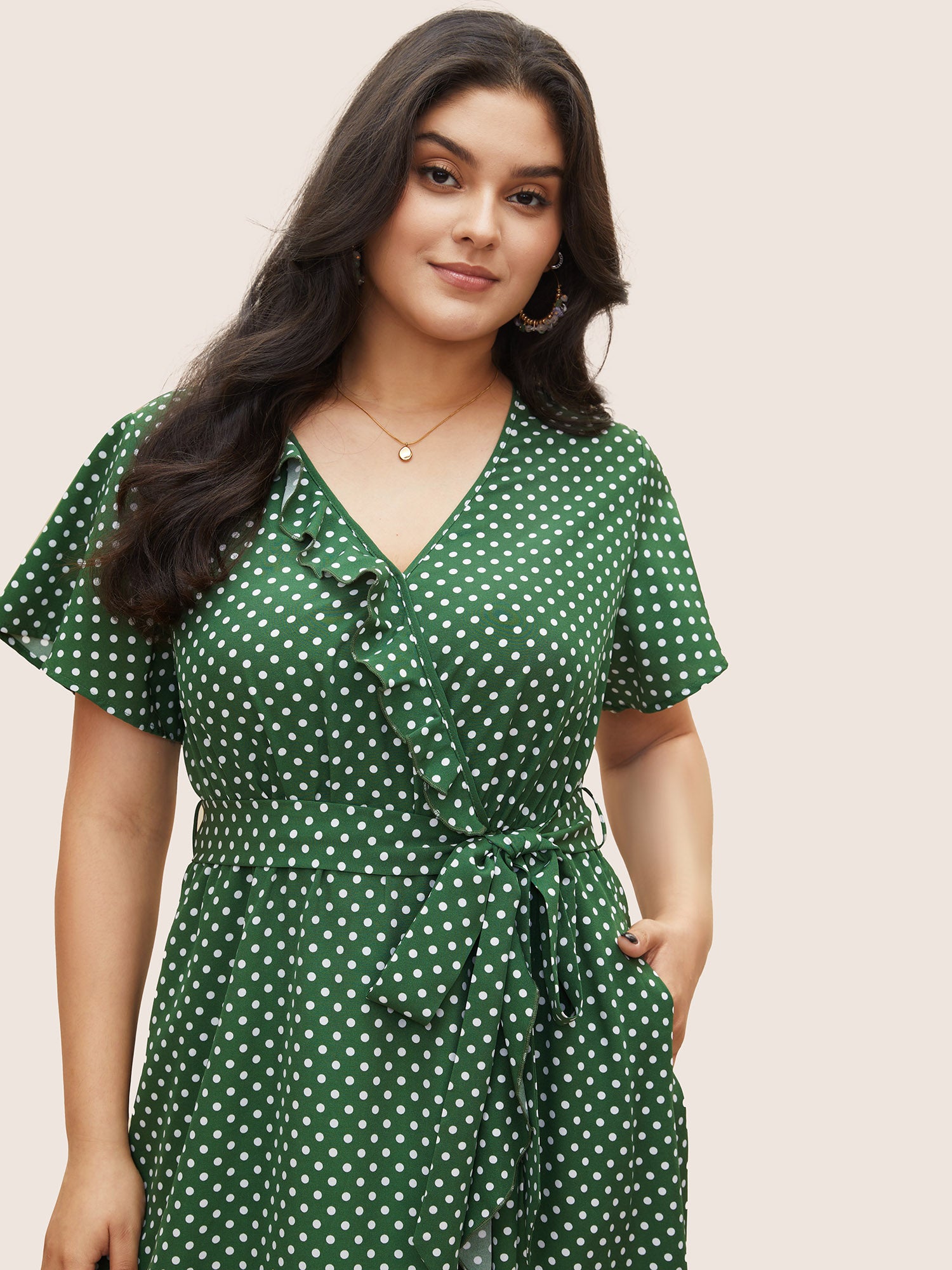 Polka Dot Flutter Trim Belted Overlap Collar Dress