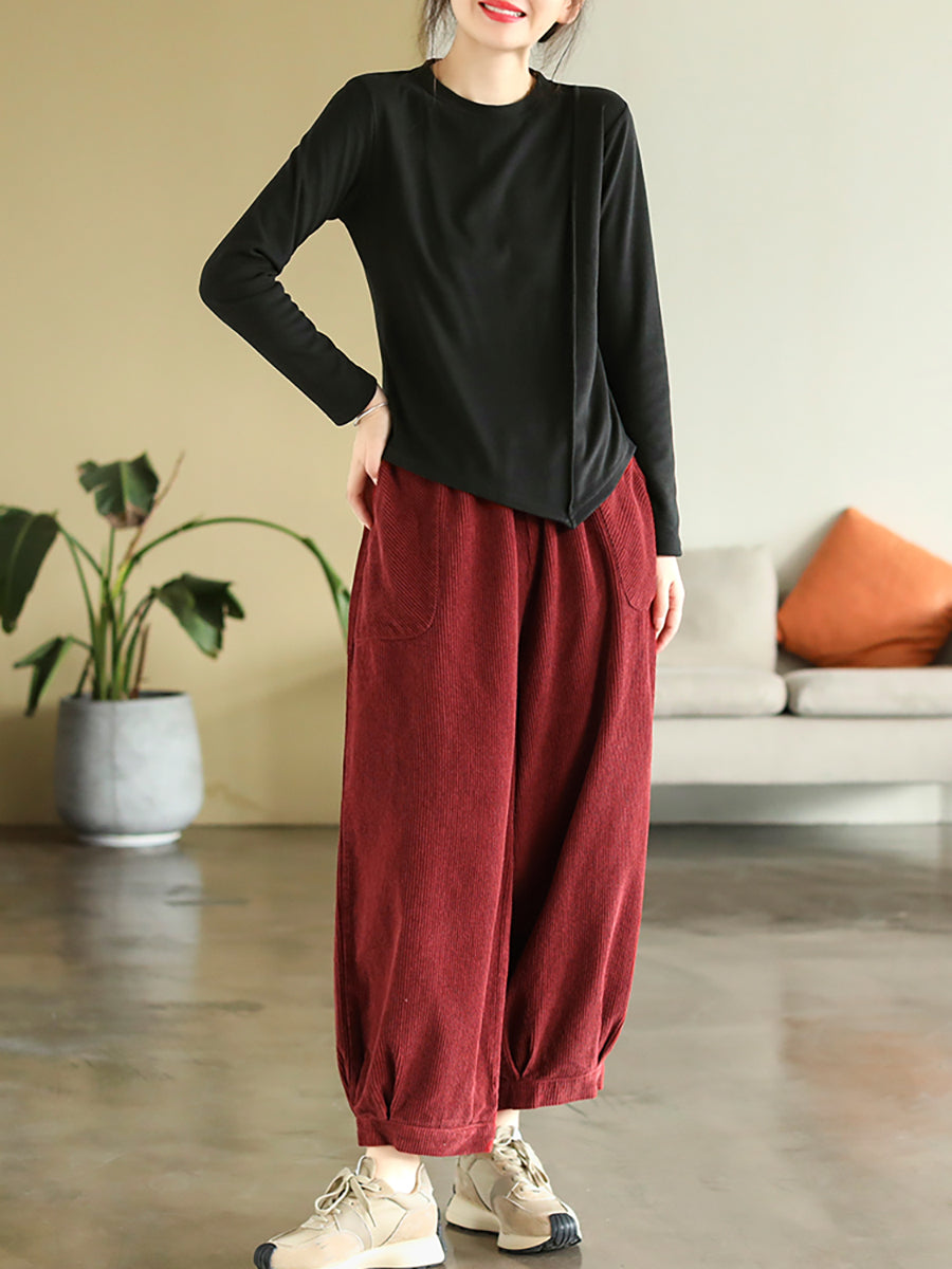 Plus Size Women Vintage Corduroy Pure Color Loose Harem Pants