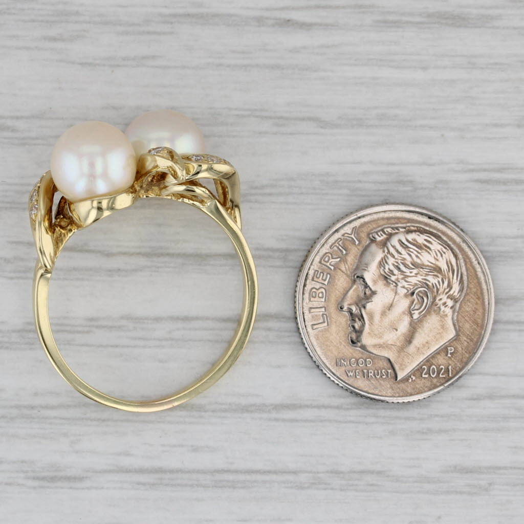 Two Cultured Pearls 0.12ctw Diamond Bypass Ring 18k Yellow Gold Size 7.75