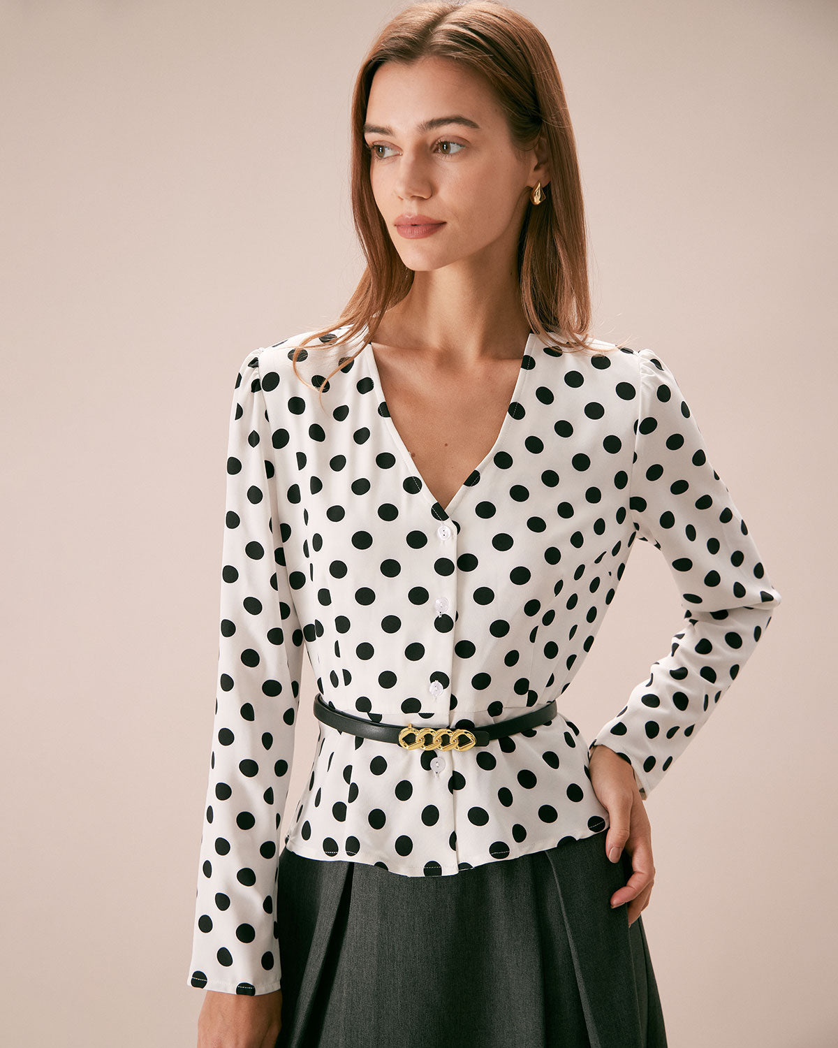 The White V Neck Button Polka Dot Blouse