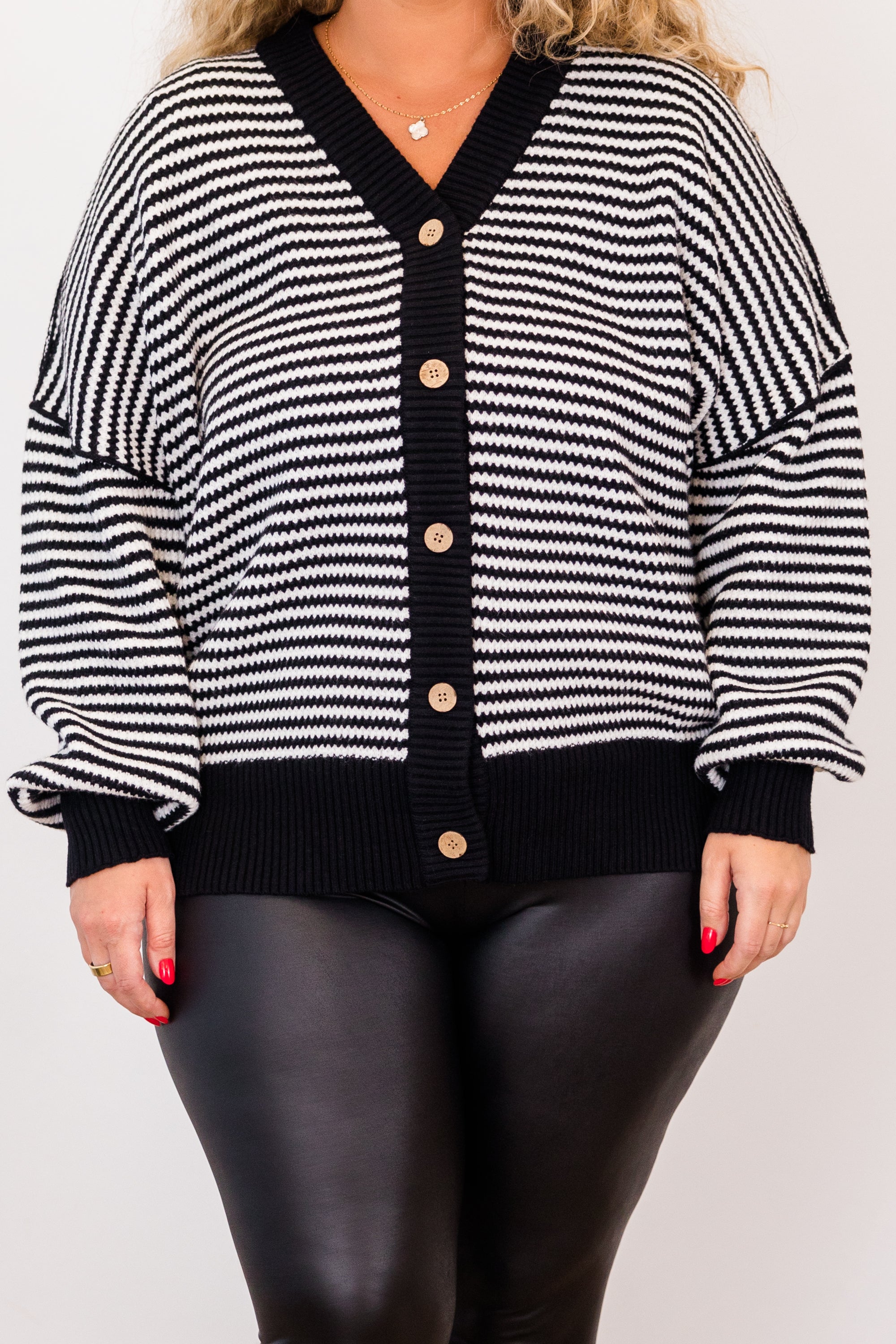 Snuggly Stripe Button-Up Sweater. Black-Ivory
