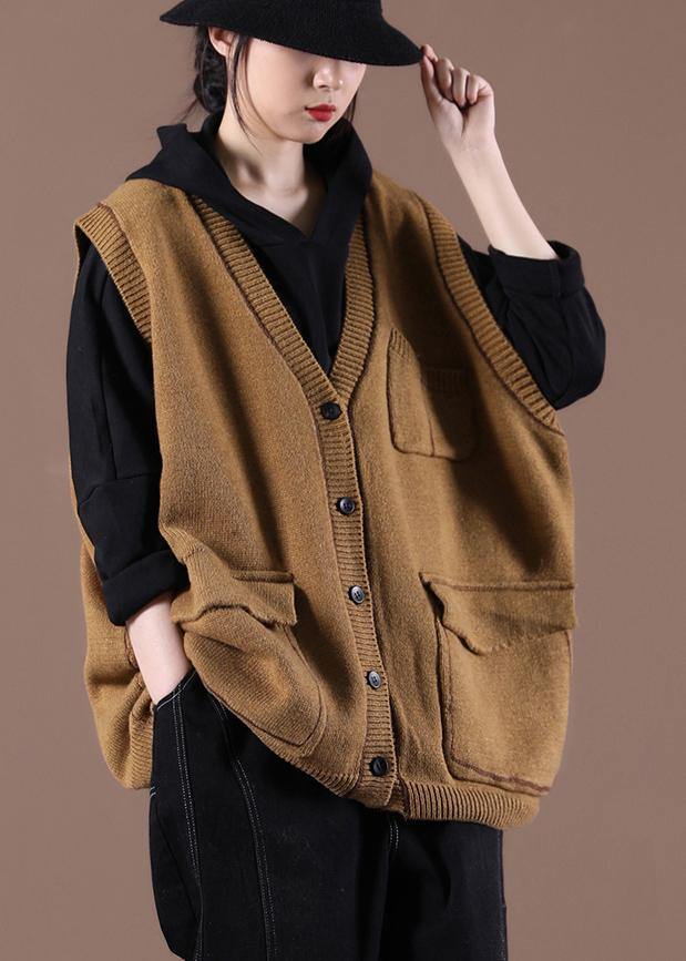 Camel Knitted  Waistcoat V Neck women sweatar vest