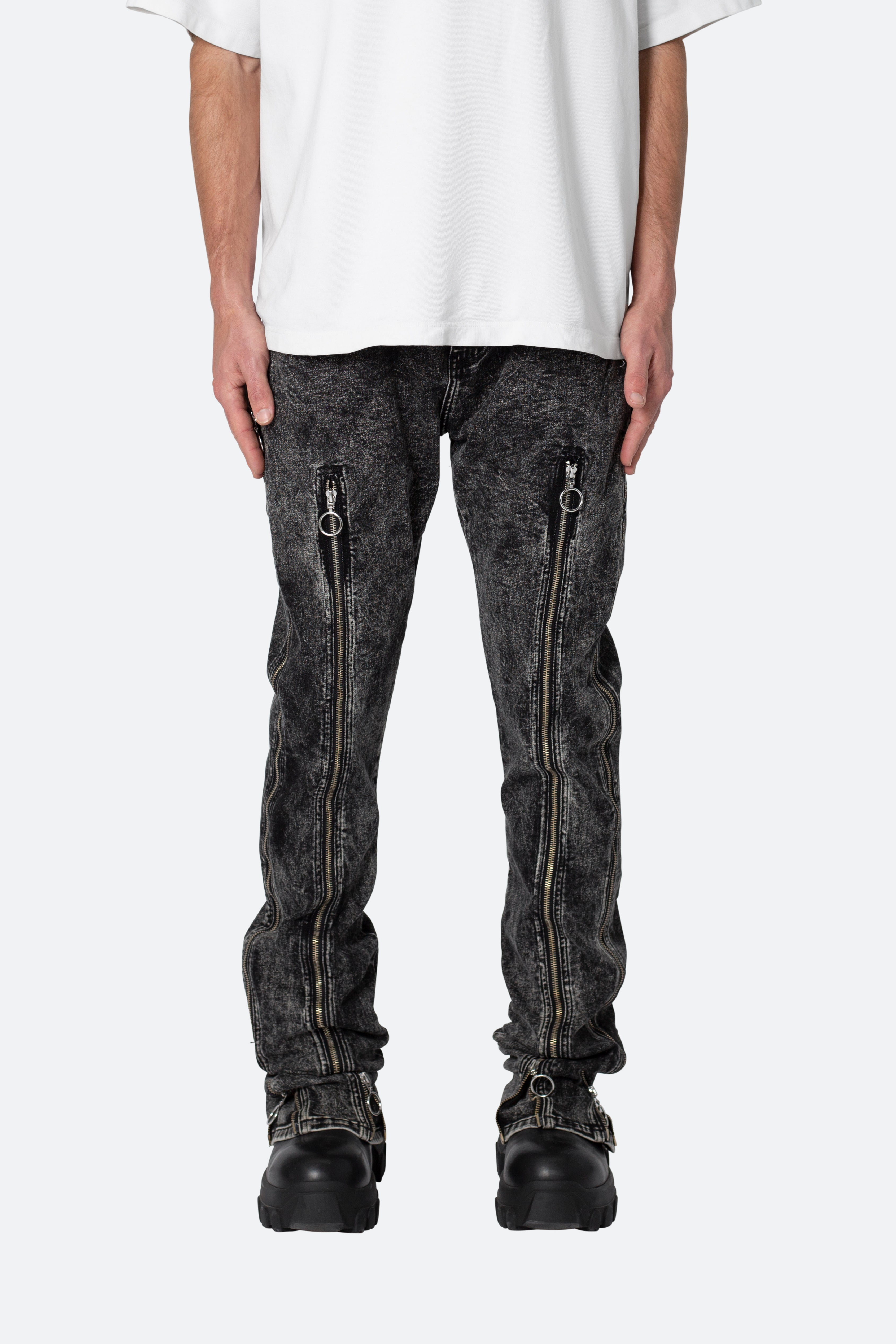 B571 Zipper Flare Pants - Washed Black