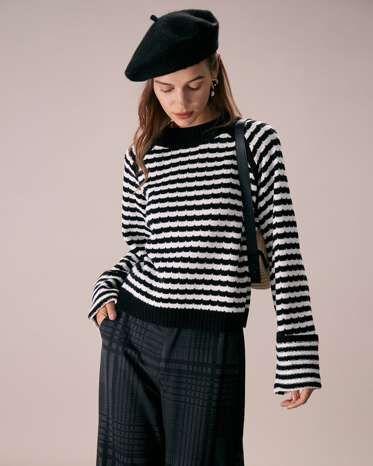 The Black Crew Neck Striped Ribbed Sweater