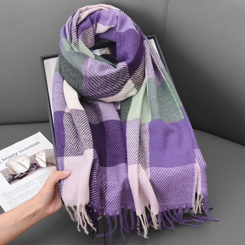 Women's Classic Style Plaid Imitation Cashmere Tassel Scarf
