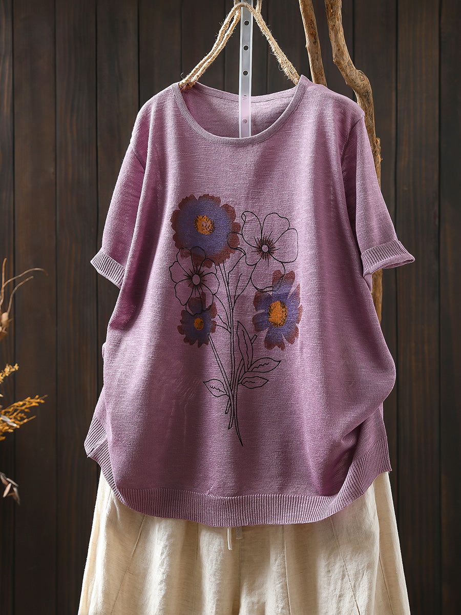 Women Summer Artsy Flower Knitted Linen Cotton Shirt