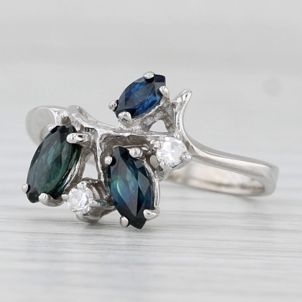 0.86ctw Blue Sapphire Diamond Bypass Ring 10k White Gold Size 5.5