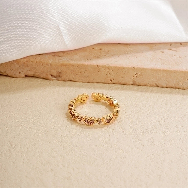 Copper Gold Plated IG Style Minimalist Plating Inlay Heart Shape Flower Zircon Open Rings