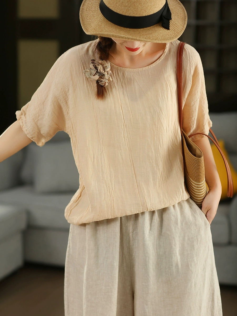 Women Summer Casual Pure Color O-Neck Shirt
