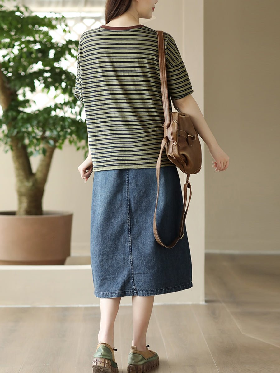 Women Summer Artsy Pure Color Denim Straight Skirt