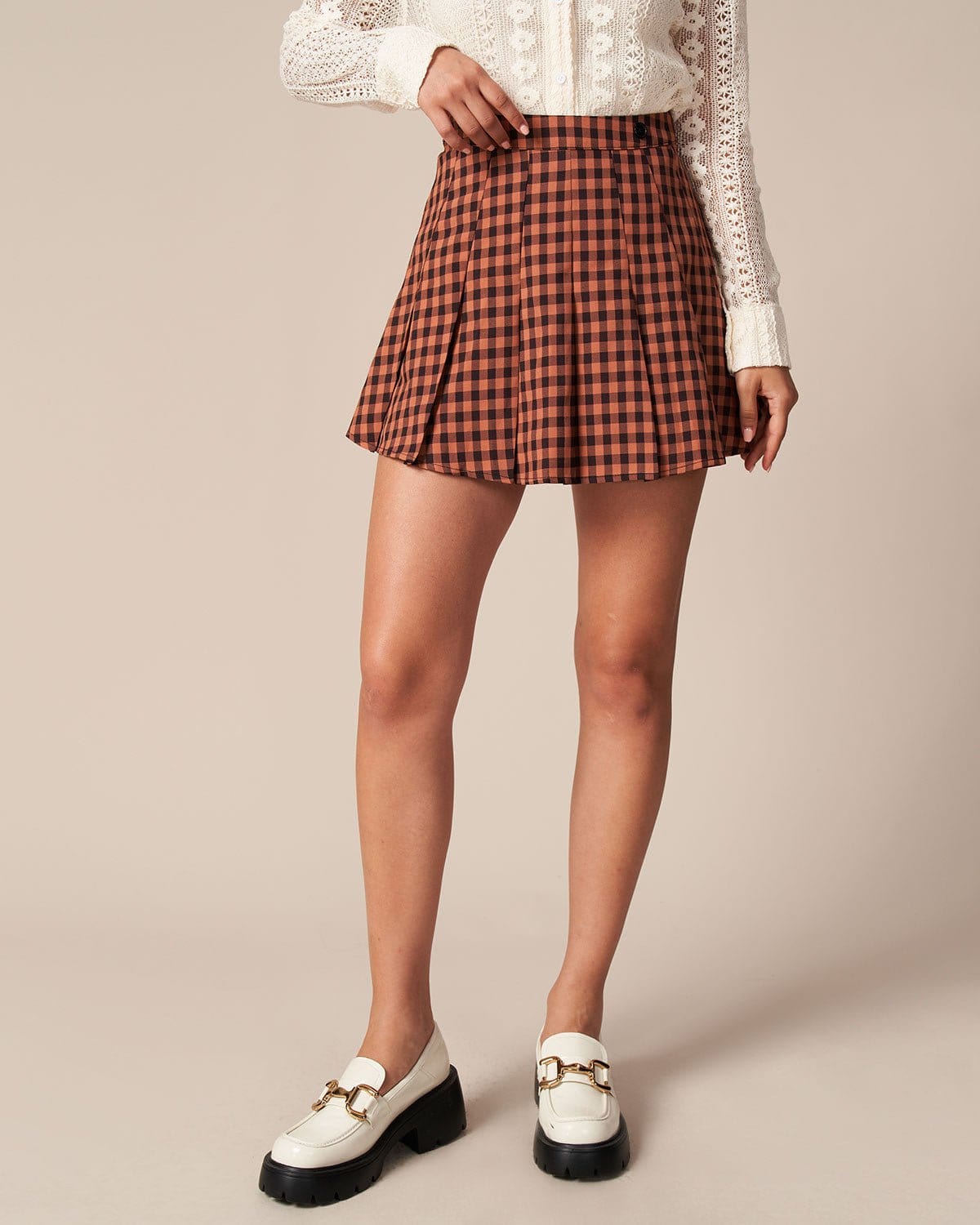 The Brown High Waist Pleated Plaid Mini Skirt