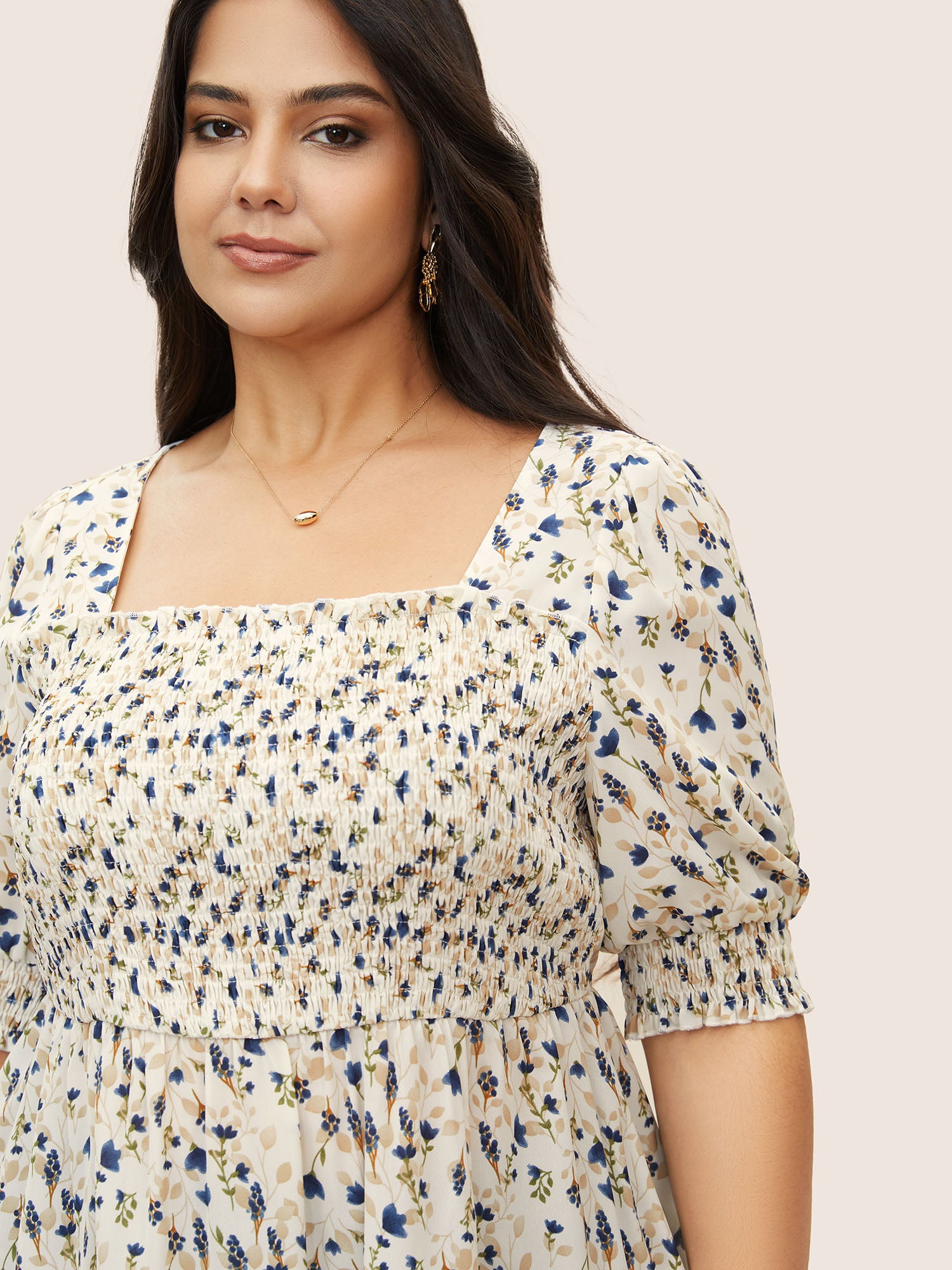 Ditsy Floral Ruffles Shirred Puff Sleeve Blouse
