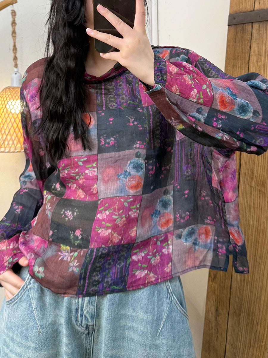 Women Summer Retro Flower Stand Collar Ramie Shirt