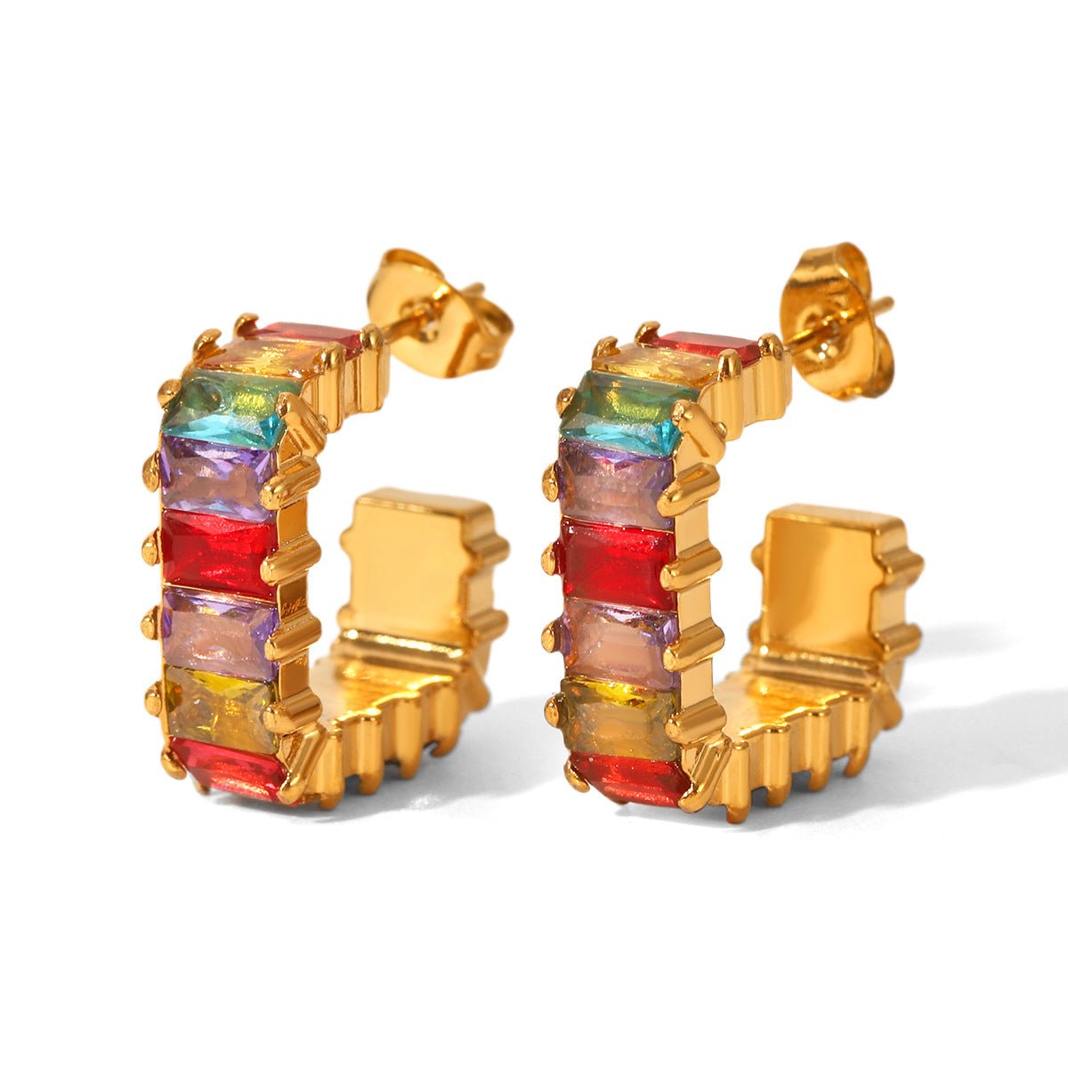 Ins Style C-Shaped Stainless Steel Earrings Inlaid With Colored Zircon Earrings Titanium Steel