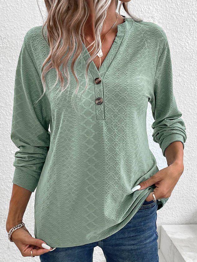 V Neck Long Sleeve Plain Jacquard Regular Medium Elasticity Loose Shirt For Women