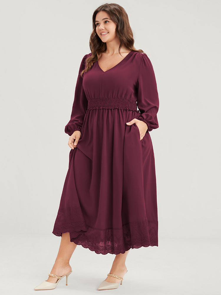 Solid Pocket Lantern Sleeve Patchwork Ruffled Shirred Dress
