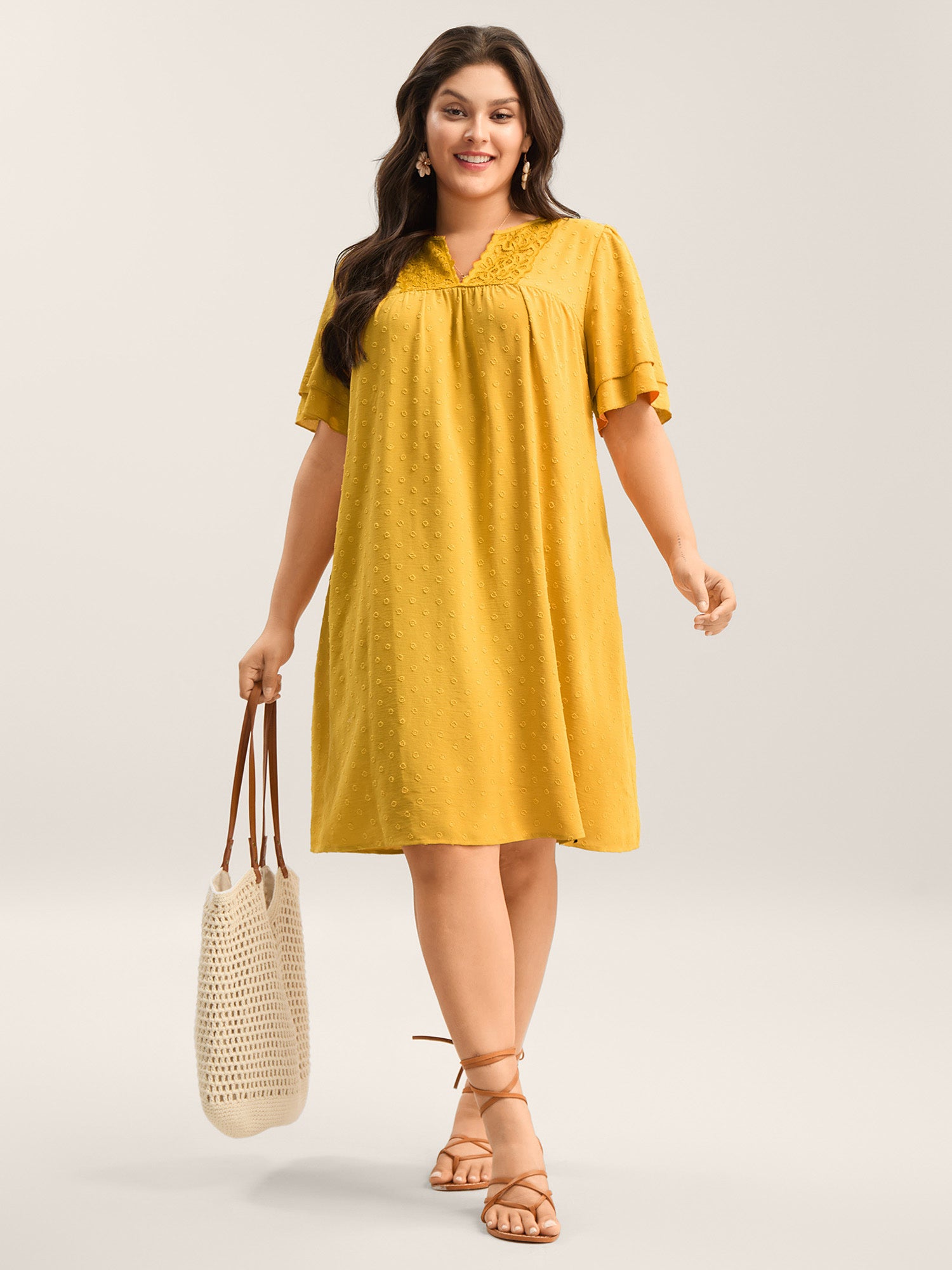 Textured Cut-Out Lace Pockets Midi Dress