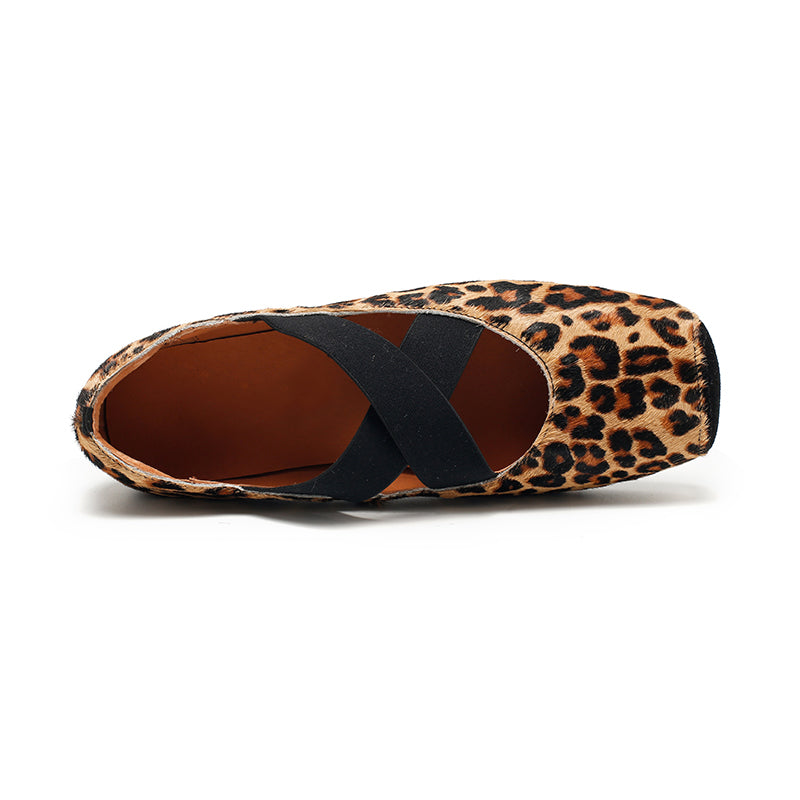 Leopard Print Pony Hair Square-Toe Mary Jane Flats with Cross Straps | Dwarves Studio in Black
