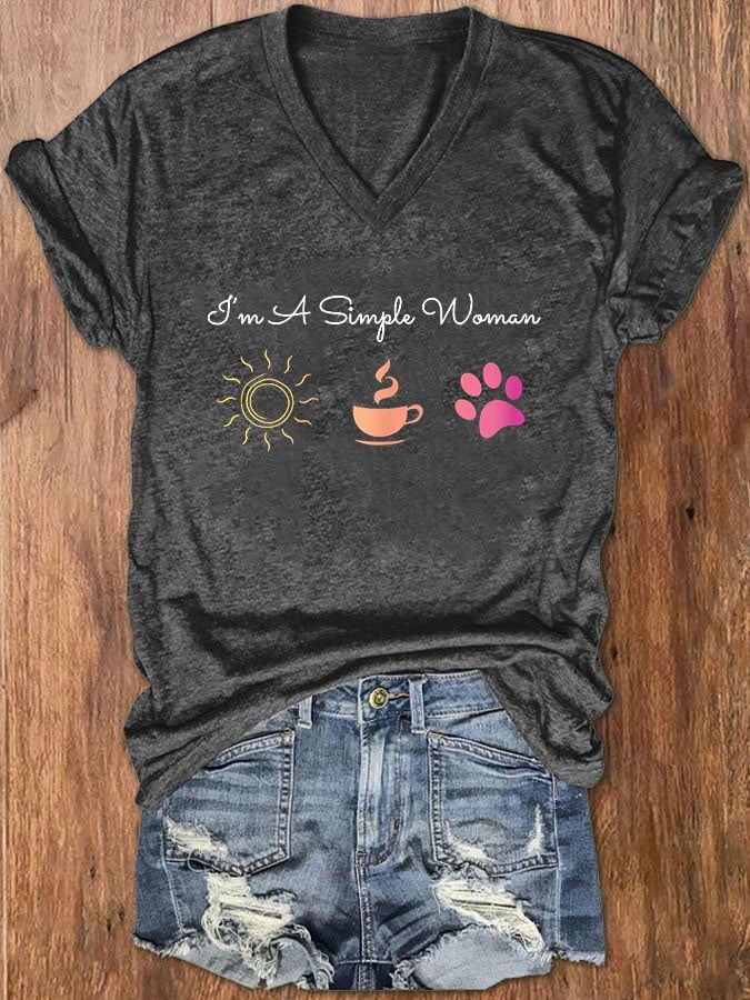 Women's I'm A Simple Woman Sunshine Coffee Paw Dog V-Neck T-Shirt
