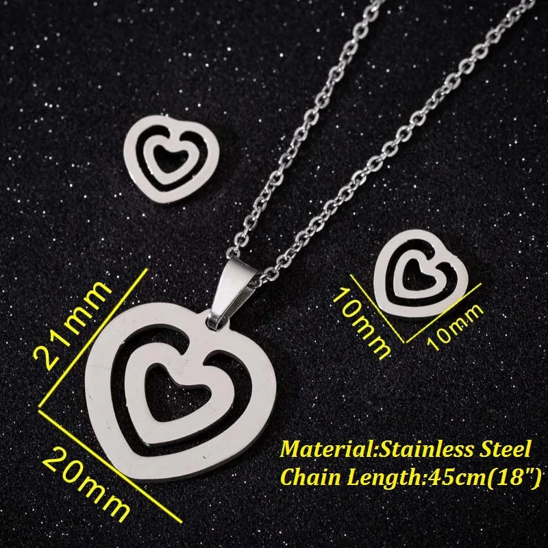 Hot sale women Hollow out Love map necklace set  Heartbeat Stud Earrings 3 pcs suit stainless steel  jewelry for girls