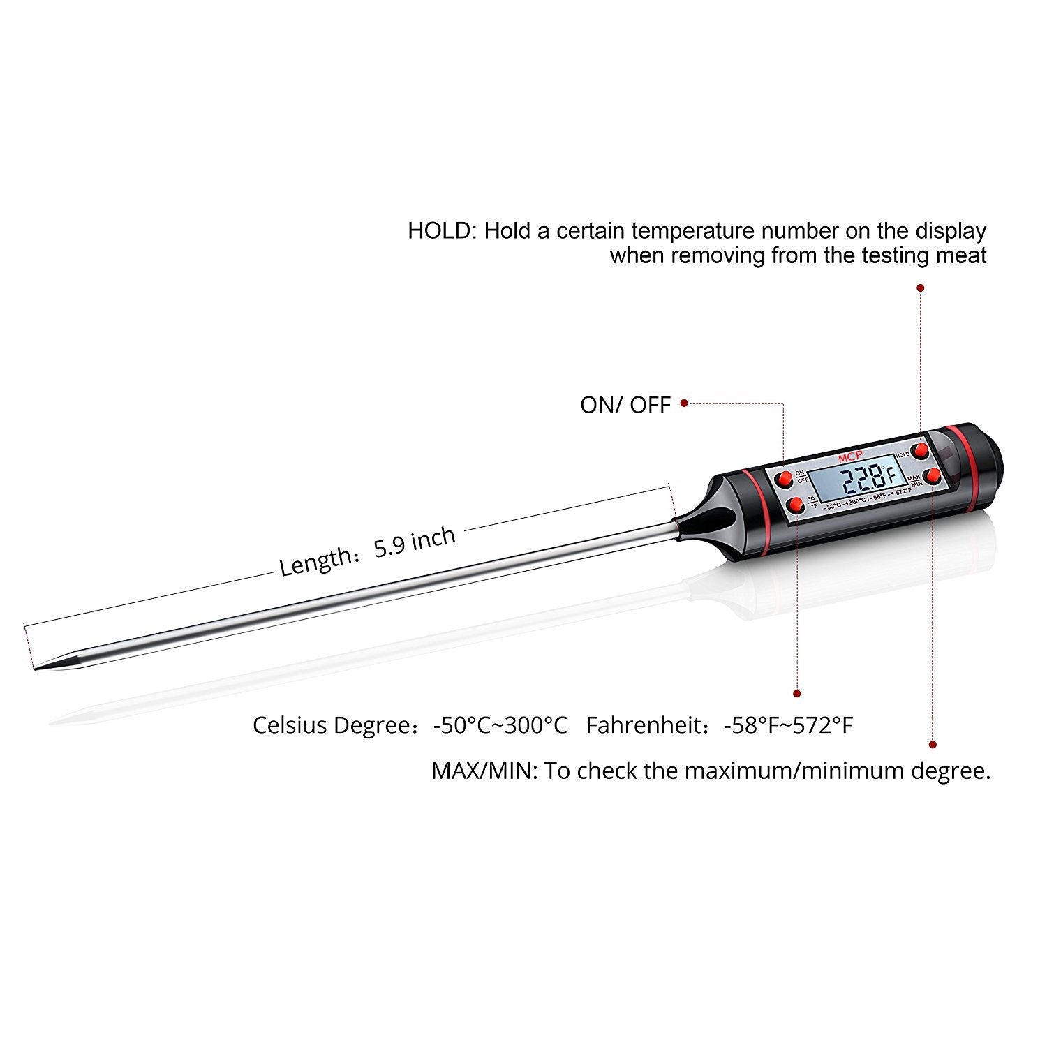 Stainless Steel Digital Instant Read Thermometer For Cooking Kitchen Food. Meat & Bbq