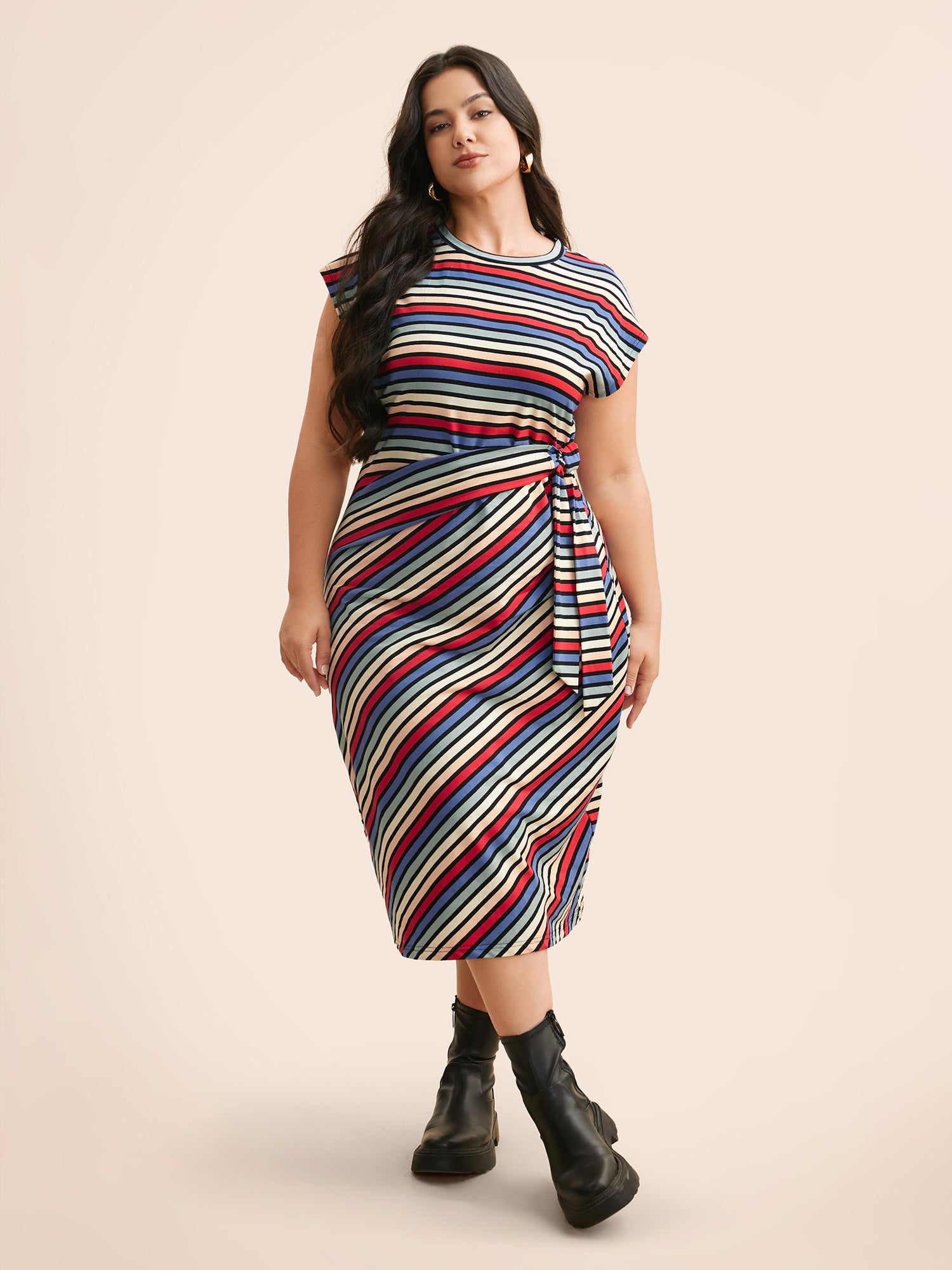 Colored Striped Tie Knot Cap Sleeve Dress