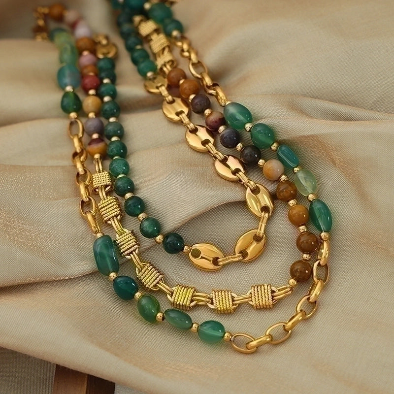 IG Style Punk Color Block Agate Titanium Steel 18K Gold Plated Beaded Patchwork Plating Necklace