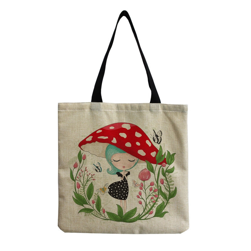 Women's Cotton And Linen Mushroom Cute Square Open Tote Bag