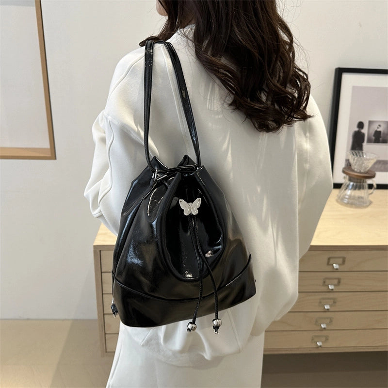 Women's Pu Leather Butterfly Classic Style Sewing Thread Bucket String Shoulder Bag Drawstring Backpack Crossbody Bag
