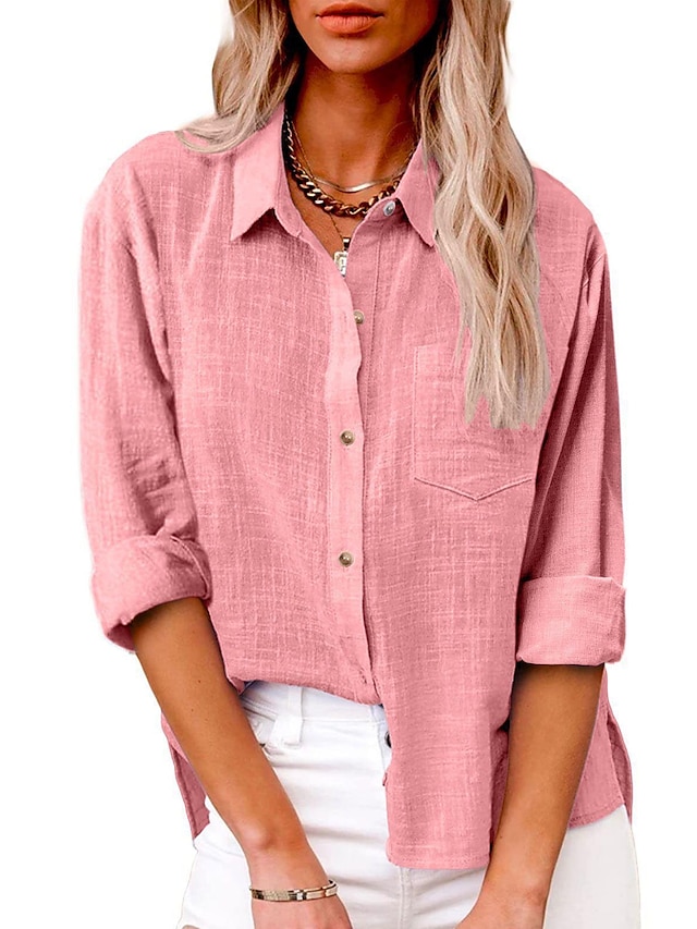 Women's Shirt Blouse Long Cotton Top White Cotton Top Linen Button Pocket Casual Fashion Neon & Bright Long Sleeve Shirt Collar Black Spring &  Fall